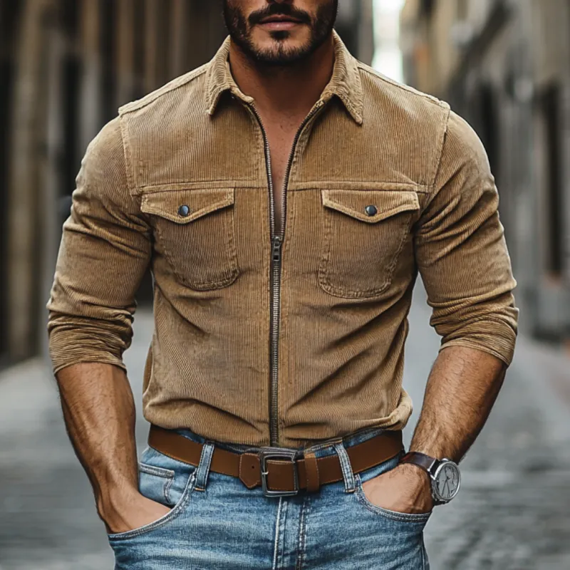 Men's Casual Lapel Corduroy Chest Pocket Zipper Placket Long Sleeve Shirt 37628129M