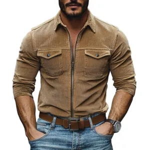Men's Casual Lapel Corduroy Chest Pocket Zipper Placket Long Sleeve Shirt 37628129M