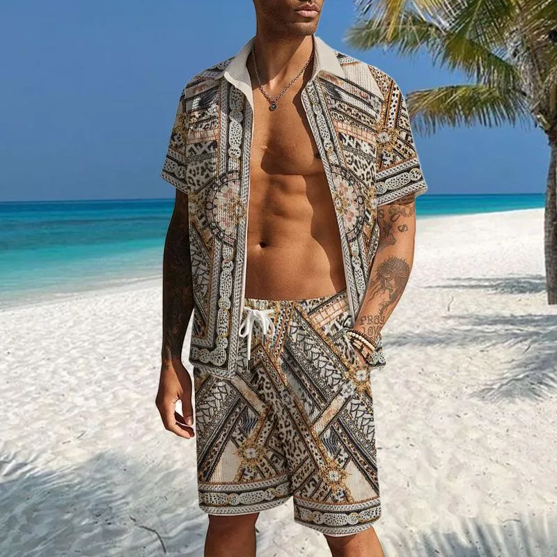 Men's Casual Waffle Print Shirt Resort Set 38217021YM