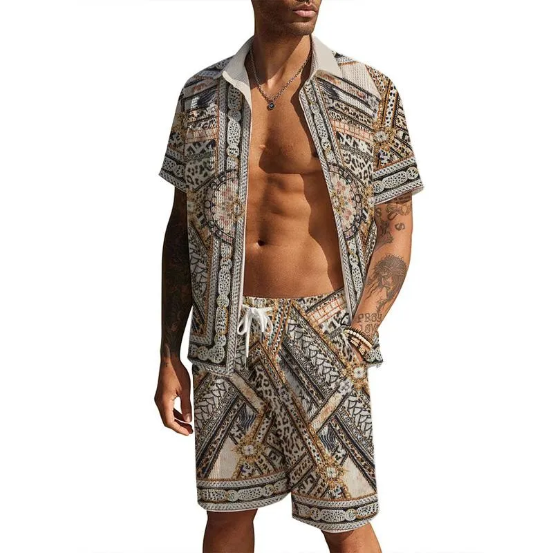 Men's Casual Waffle Print Shirt Resort Set 38217021YM