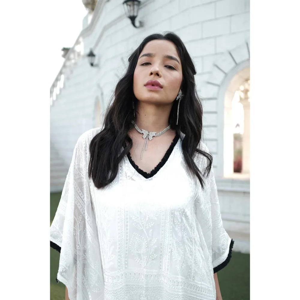 MONK & MEI Suraiya Chikankari Kaftan & Sharara- White (Set of 2)