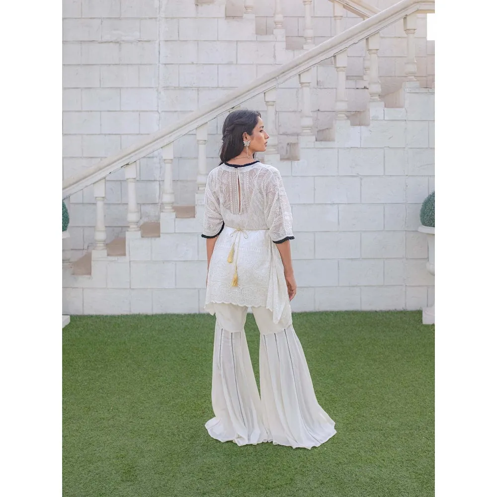 MONK & MEI Suraiya Chikankari Kaftan & Sharara- White (Set of 2)