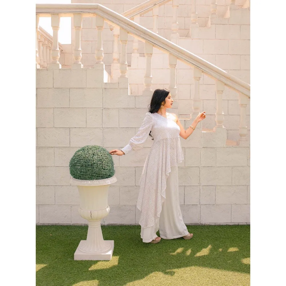 MONK & MEI Zeenat Chikankari Top & Palazzo Pants- White (Set of 2)