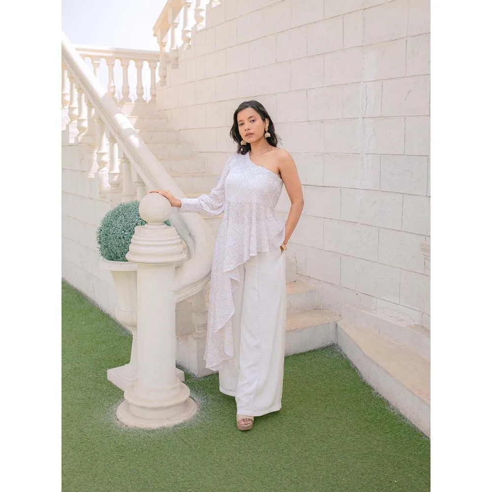 MONK & MEI Zeenat Chikankari Top & Palazzo Pants- White (Set of 2)