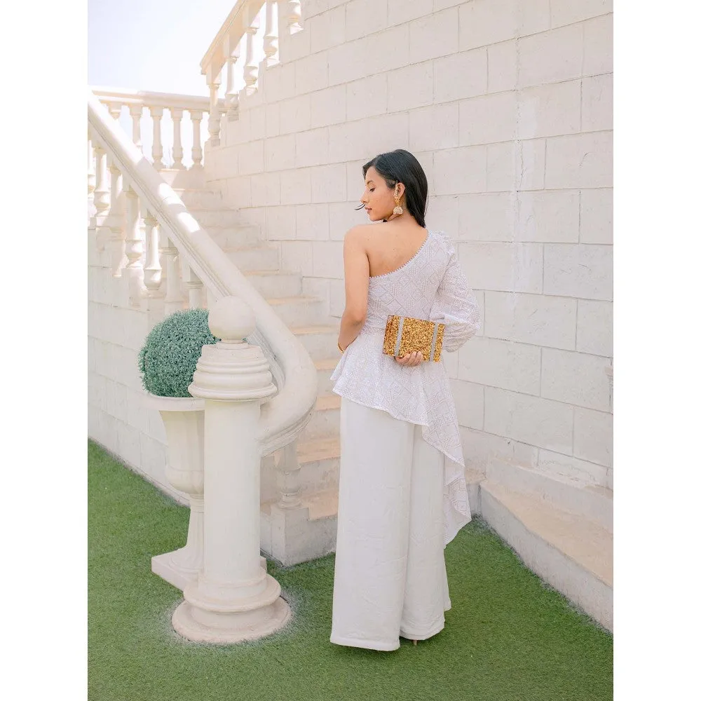 MONK & MEI Zeenat Chikankari Top & Palazzo Pants- White (Set of 2)