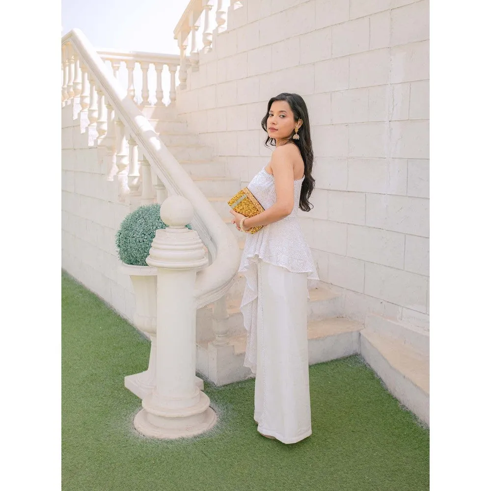 MONK & MEI Zeenat Chikankari Top & Palazzo Pants- White (Set of 2)