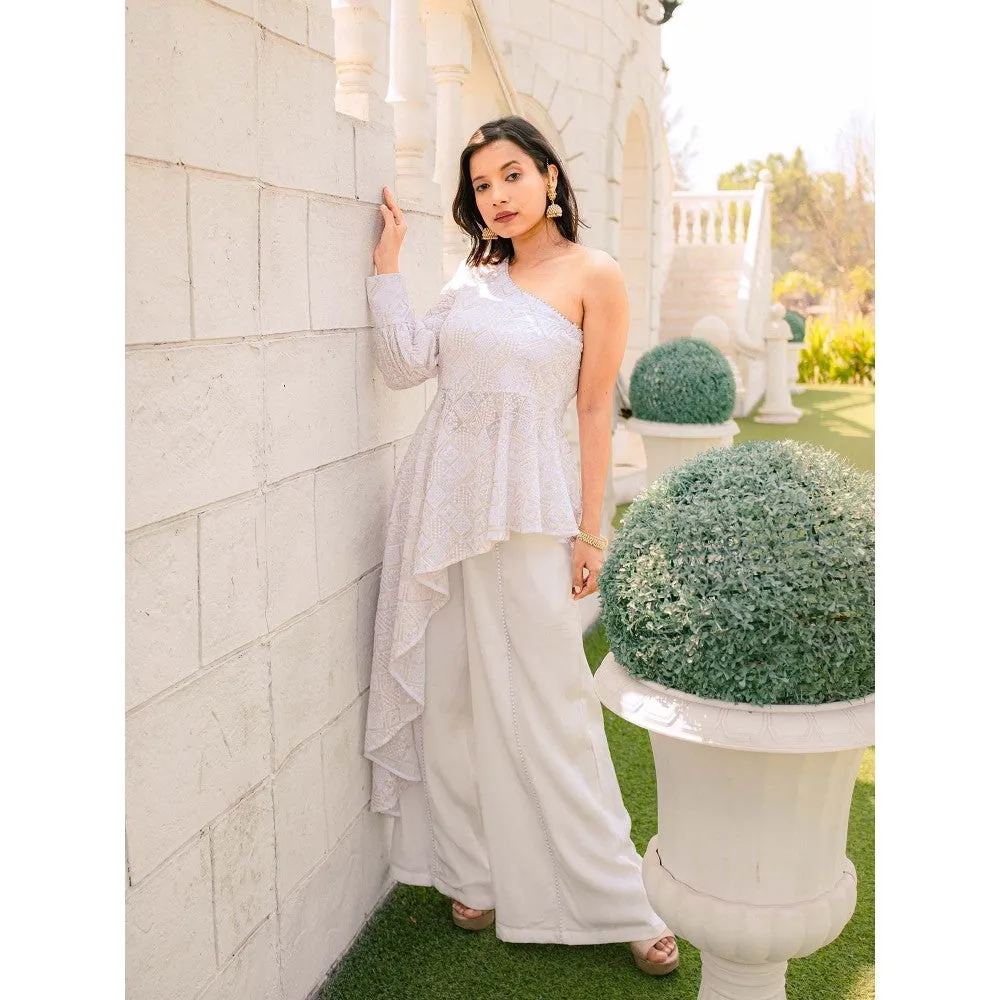 MONK & MEI Zeenat Chikankari Top & Palazzo Pants- White (Set of 2)