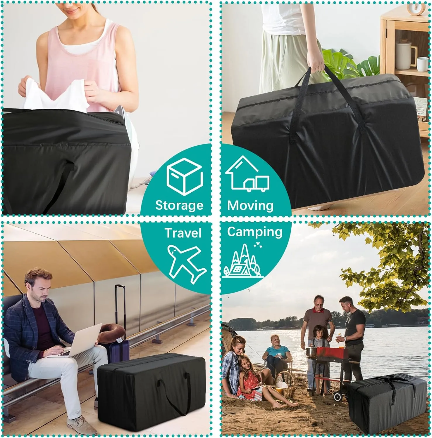 Moving Bags Heavy Duty with Strong Zipper & Handles, Sturdy Clothes Storage Bags , Packing Bags Totes, 6 Pack, Black