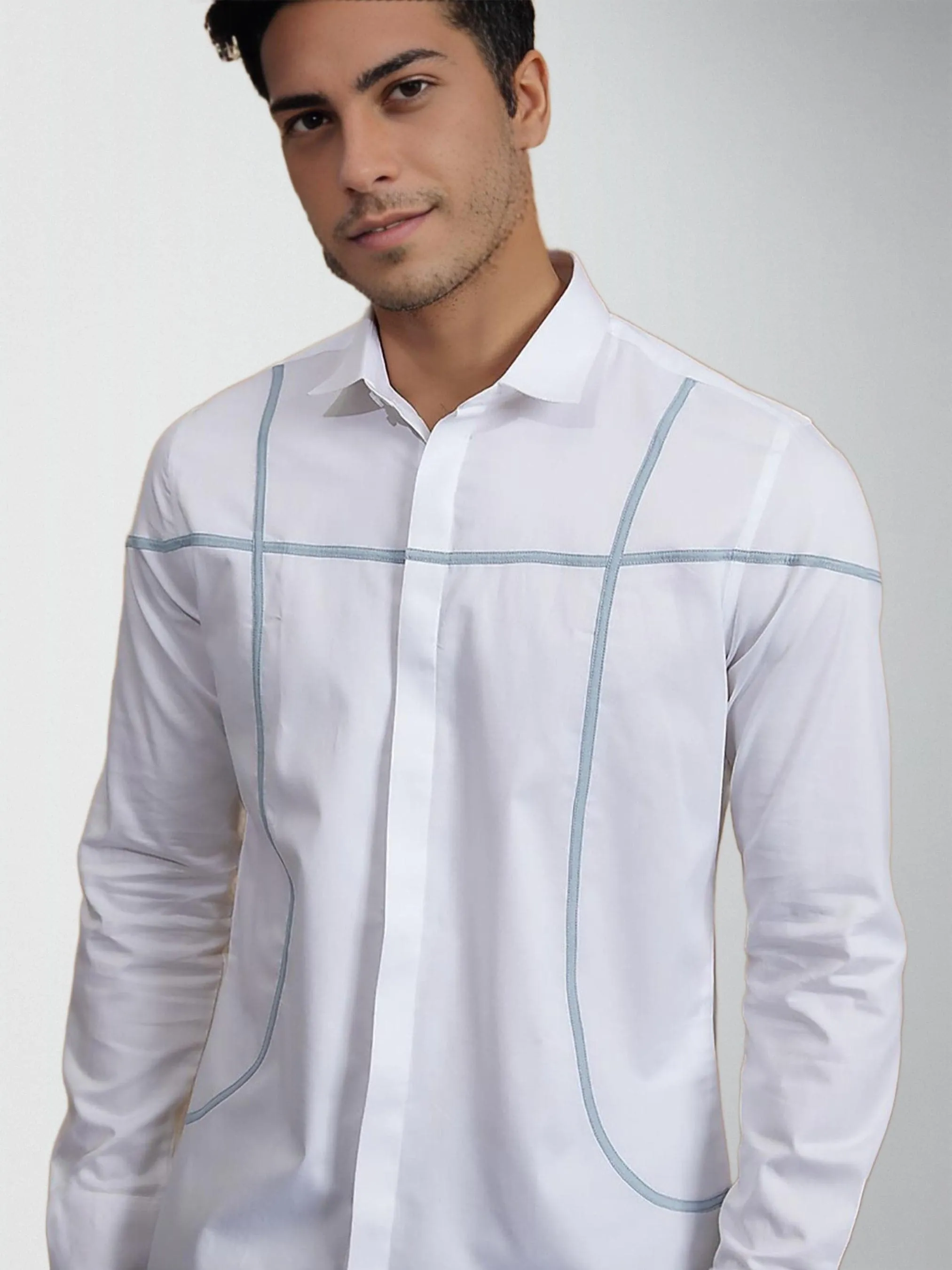 Pleated Spread Collar Cotton Semi-Formal Shirt