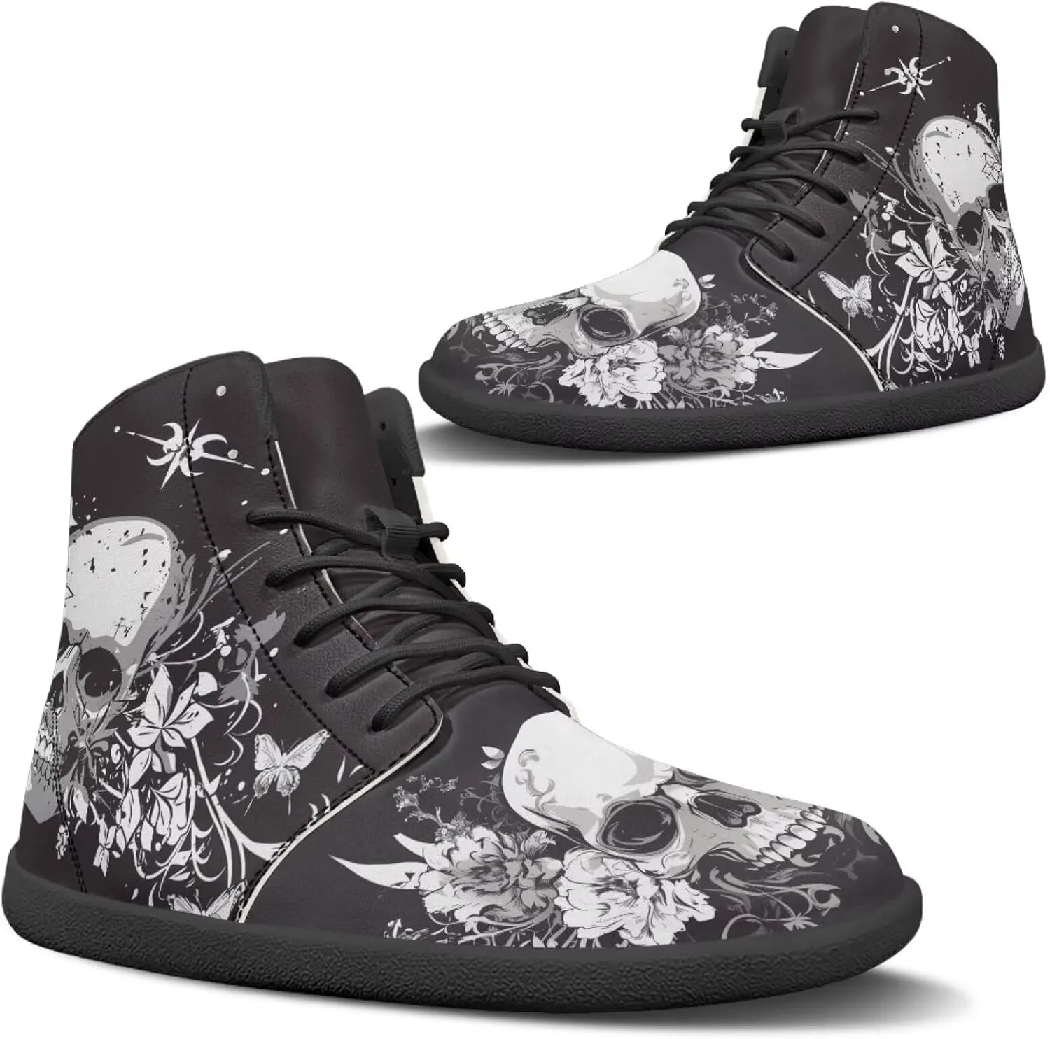 Retro Skull Women's Minimalist Barefoot Shoes High Top Zero Drop Sole Wide Width Fashion Sneaker Non Slip