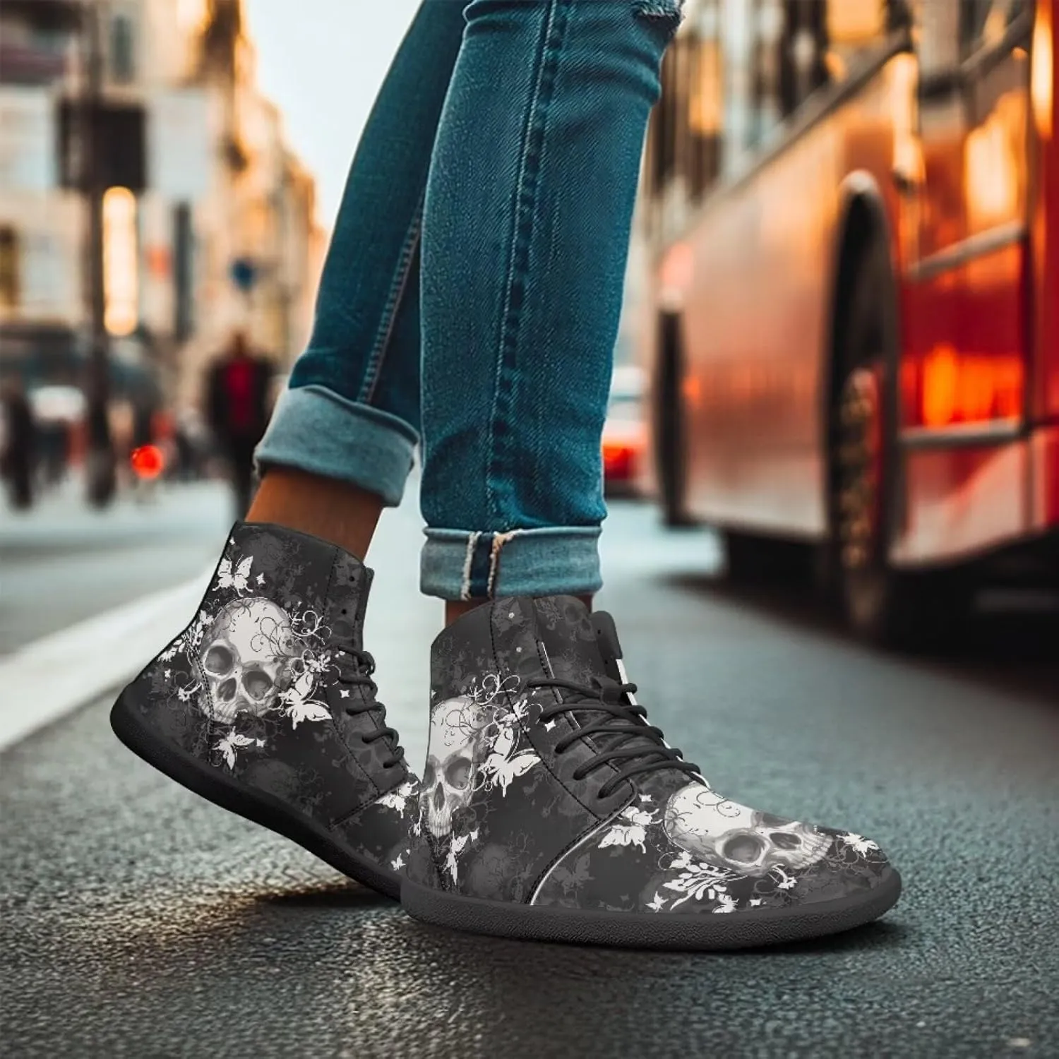 Retro Skull Women's Minimalist Barefoot Shoes High Top Zero Drop Sole Wide Width Fashion Sneaker Non Slip