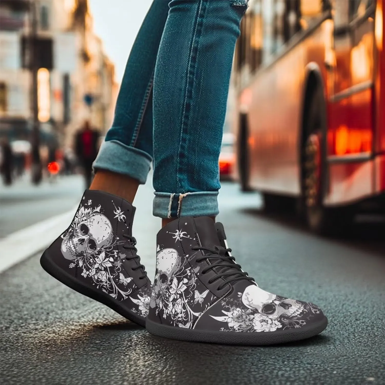 Retro Skull Women's Minimalist Barefoot Shoes High Top Zero Drop Sole Wide Width Fashion Sneaker Non Slip