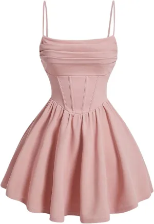 SHENHE Women's Ruched Corset Dress Spaghetti Strap Fit and Flare Flowy Skater Mini Cami Dress