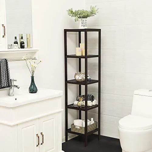 SONGMICS 100% Bamboo Bathroom Shelf, 5-Tier Multifunctional Storage Rack, Shelving Unit, Bathroom Towel shelf for Kitchen, Livingroom, Bedroom, Hallway Brown UBCB55Z