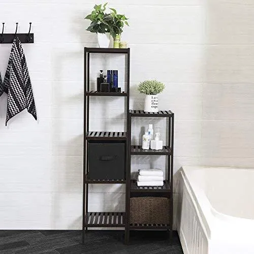 SONGMICS 100% Bamboo Bathroom Shelf, 5-Tier Multifunctional Storage Rack, Shelving Unit, Bathroom Towel shelf for Kitchen, Livingroom, Bedroom, Hallway Brown UBCB55Z