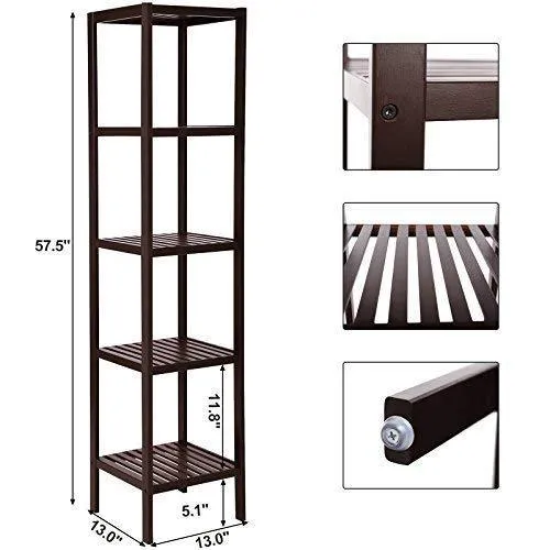 SONGMICS 100% Bamboo Bathroom Shelf, 5-Tier Multifunctional Storage Rack, Shelving Unit, Bathroom Towel shelf for Kitchen, Livingroom, Bedroom, Hallway Brown UBCB55Z