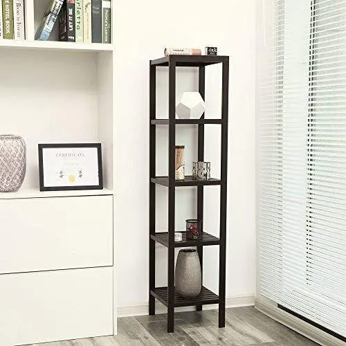 SONGMICS 100% Bamboo Bathroom Shelf, 5-Tier Multifunctional Storage Rack, Shelving Unit, Bathroom Towel shelf for Kitchen, Livingroom, Bedroom, Hallway Brown UBCB55Z