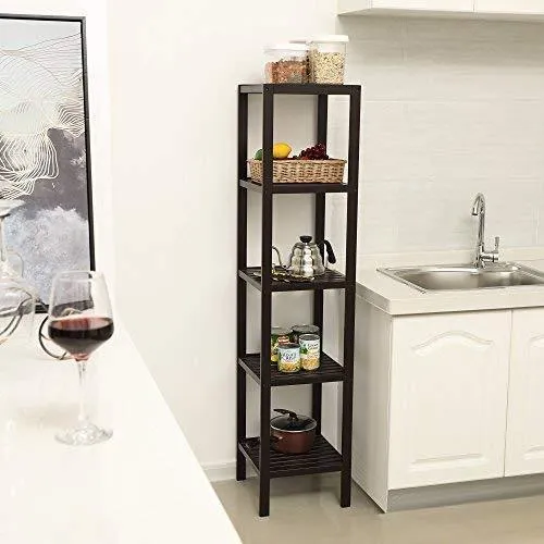 SONGMICS 100% Bamboo Bathroom Shelf, 5-Tier Multifunctional Storage Rack, Shelving Unit, Bathroom Towel shelf for Kitchen, Livingroom, Bedroom, Hallway Brown UBCB55Z