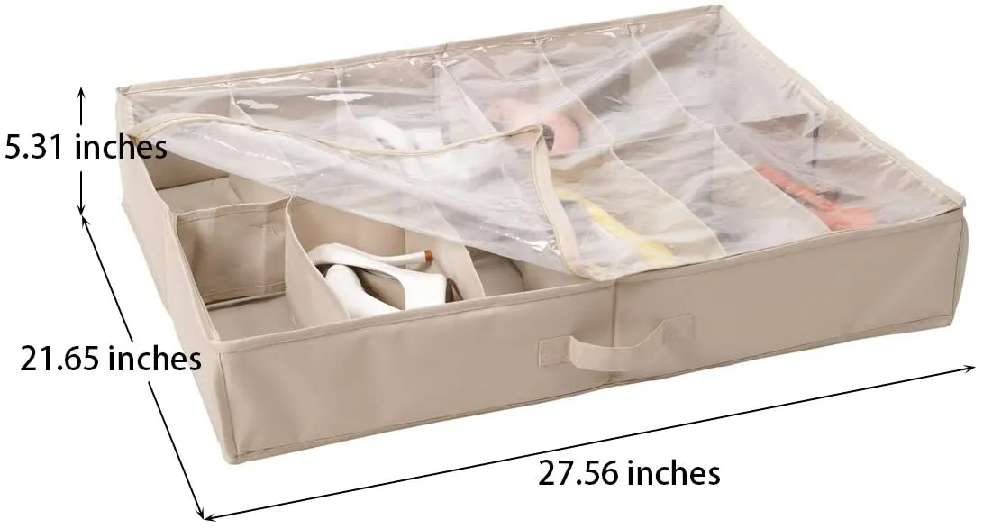 StorageManiac Large Underbed 12-Pair Shoe Organizer with Clear Cover for Storage Space Saver