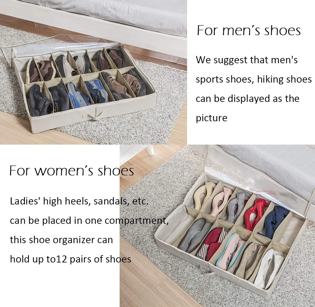 StorageManiac Large Underbed 12-Pair Shoe Organizer with Clear Cover for Storage Space Saver