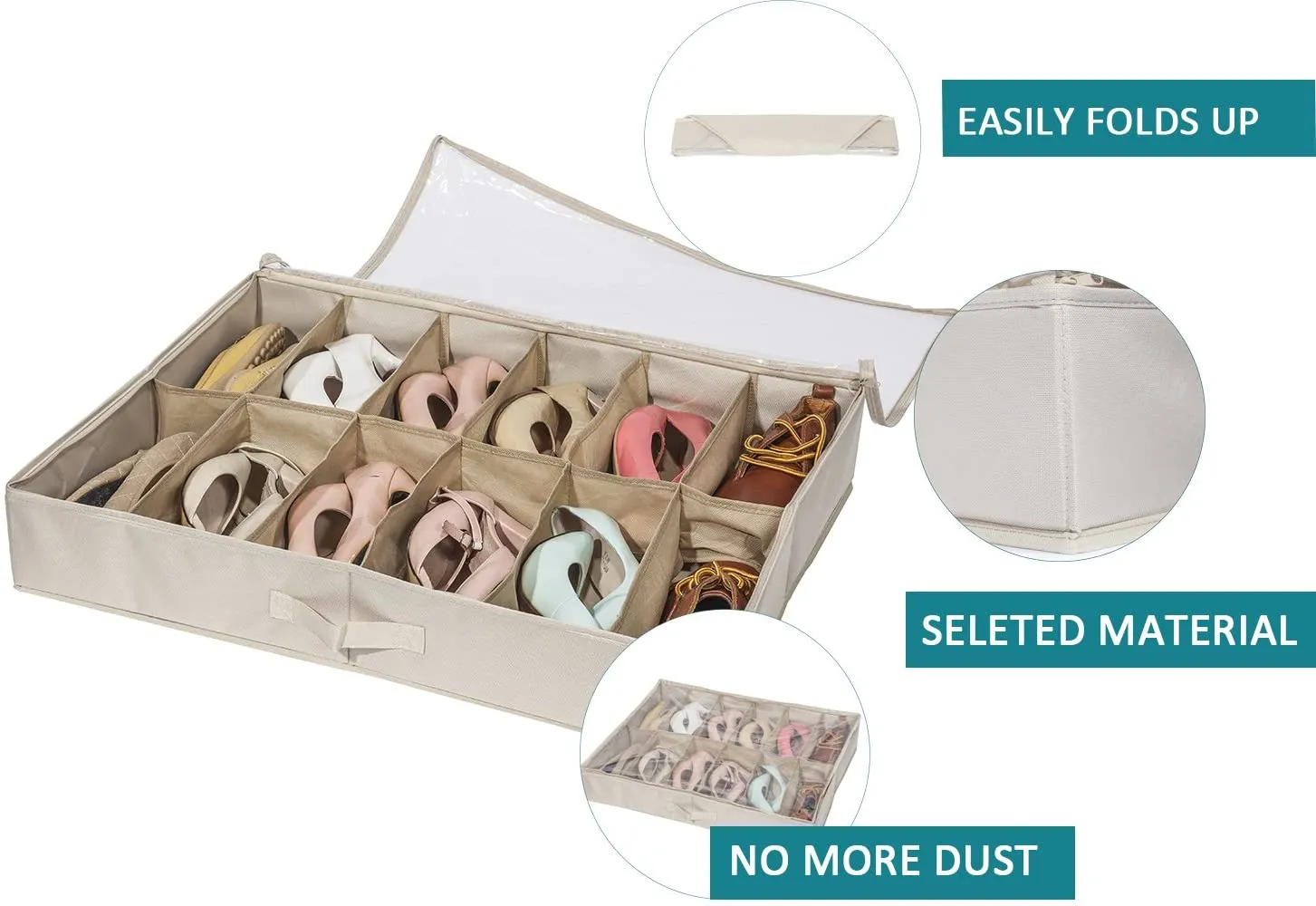 StorageManiac Large Underbed 12-Pair Shoe Organizer with Clear Cover for Storage Space Saver