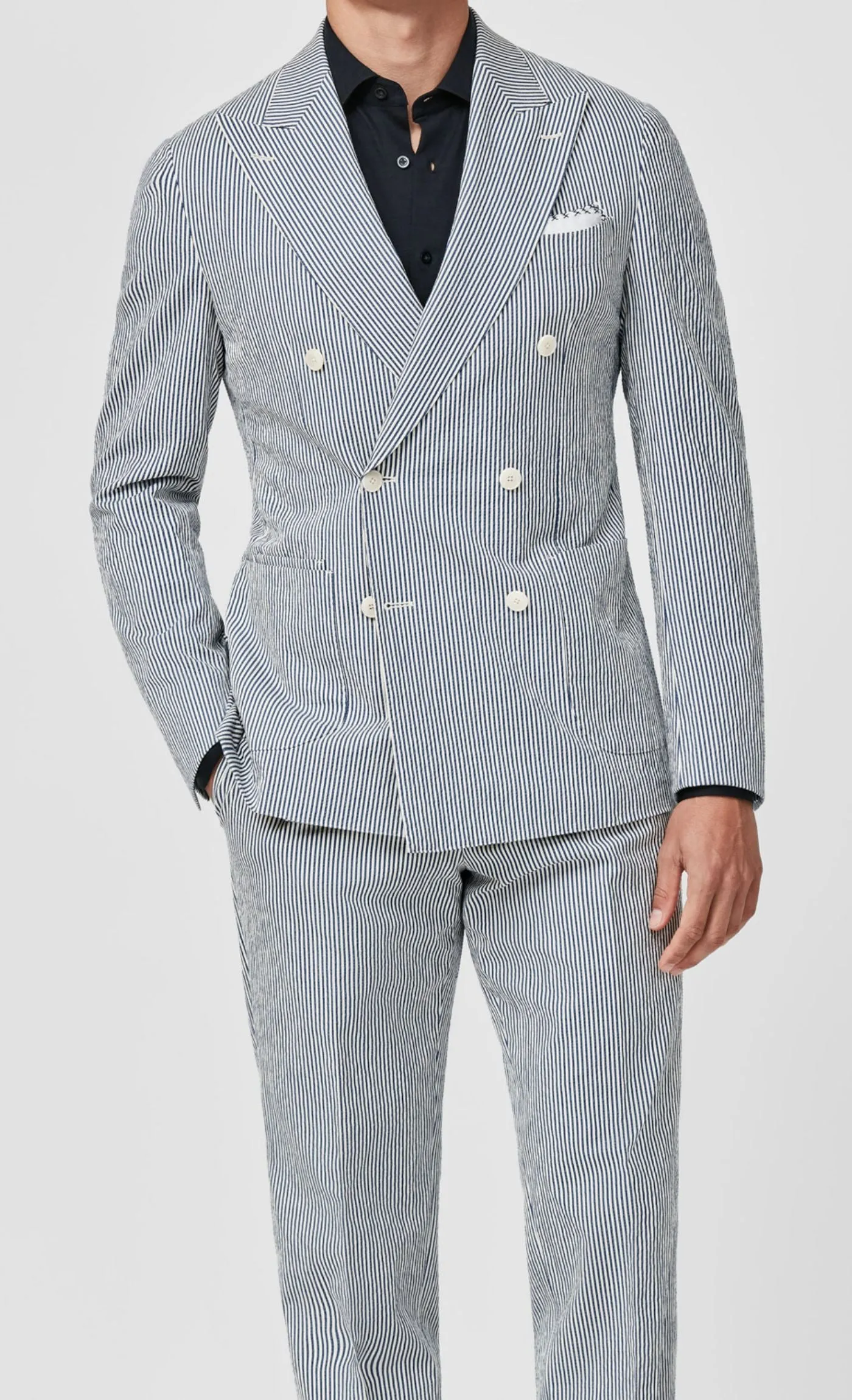 Subalpino Blue & White Striped Stretch Cotton Seersucker