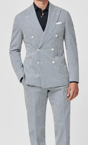 Subalpino Blue & White Striped Stretch Cotton Seersucker