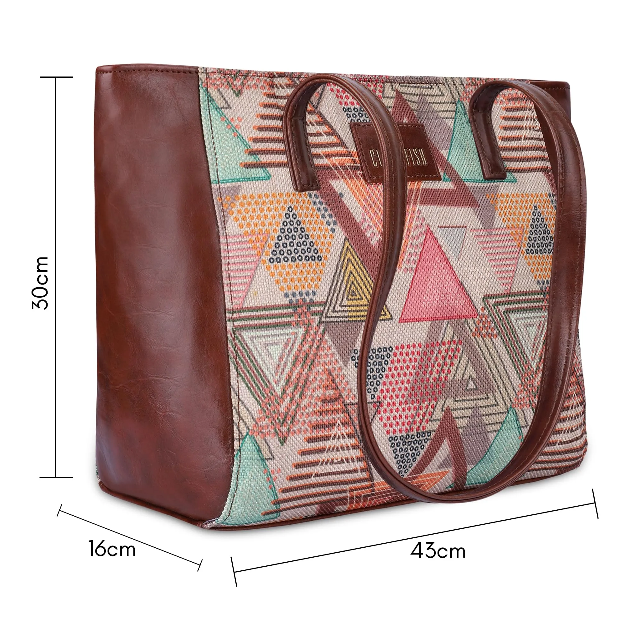 THE CLOWNFISH Valentine Printed Handicraft Fabric & Faux Leather Handbag for Women Office Bag Ladies Shoulder Bag Tote for Women College Girls (Multicolour-Triangle Design)