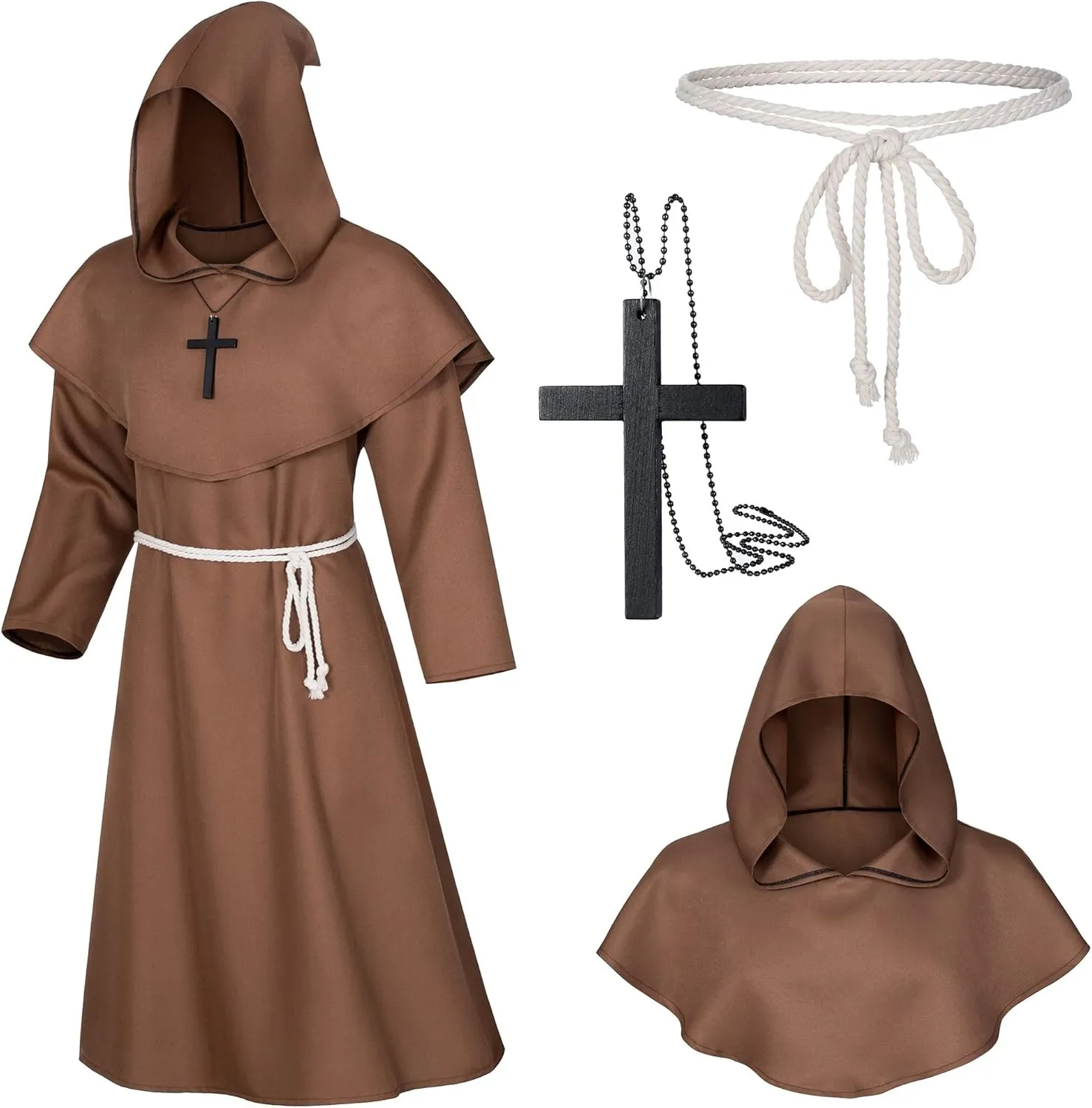 TOKYO REVENGERS Medieval Renaissance Monk Friar Priest Wizard Cloak Hooded Robe Cosplay Belt Necklace Set