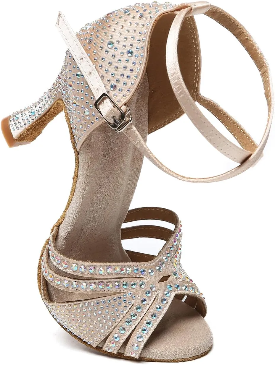 Women Rhinestone Ballroom Dance Shoes Open Toe Ankle Strap Latin Salsa Performance Dancing Shoes,Model YCL640-Suede Sole-3.33Heel