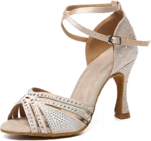 Women Rhinestone Ballroom Dance Shoes Open Toe Ankle Strap Latin Salsa Performance Dancing Shoes,Model YCL640-Suede Sole-3.33Heel