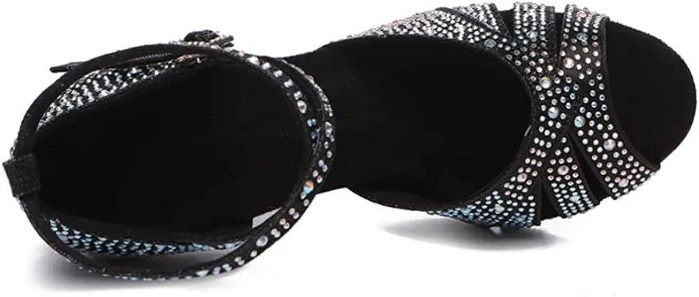 Women Rhinestone Latin Dance Shoes Ballroom Salsa Performance Dancing Heels