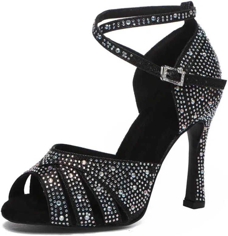 Women Rhinestone Latin Dance Shoes Ballroom Salsa Performance Dancing Heels