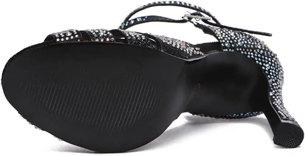 Women Rhinestone Latin Dance Shoes Ballroom Salsa Performance Dancing Heels