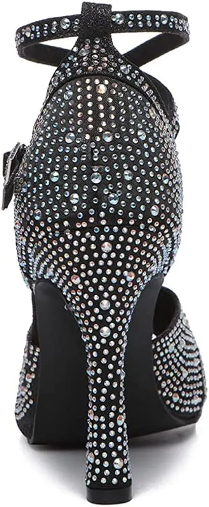 Women Rhinestone Latin Dance Shoes Ballroom Salsa Performance Dancing Heels