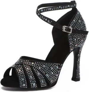 Women Rhinestone Latin Dance Shoes Ballroom Salsa Performance Dancing Heels