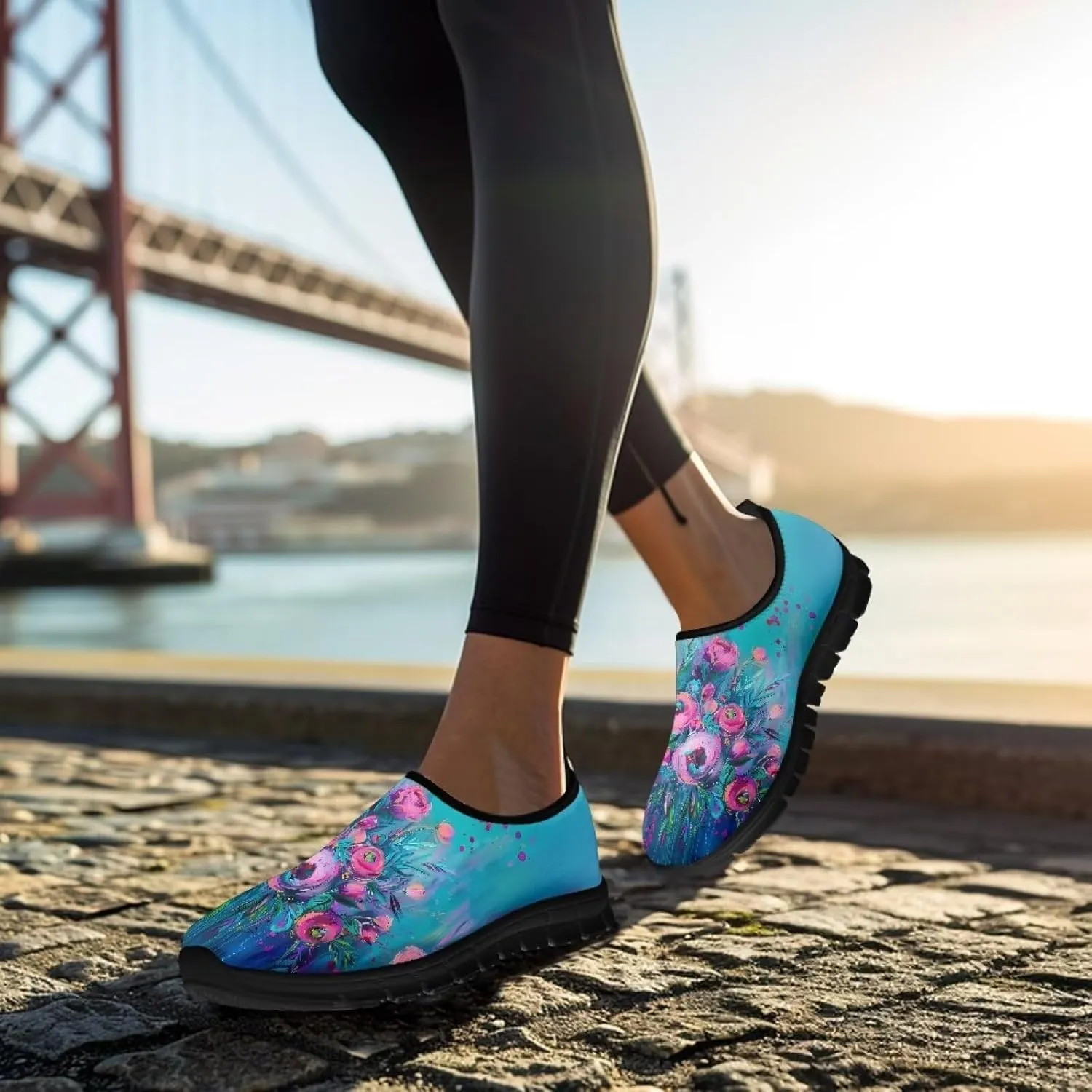 Women's Floral Print Sneaker Casual Cozy Low Top Running Shoes Lightweight Slip On Anti-Skid Workout Walking Sneaker for Teen Girls US 5.5-11.5