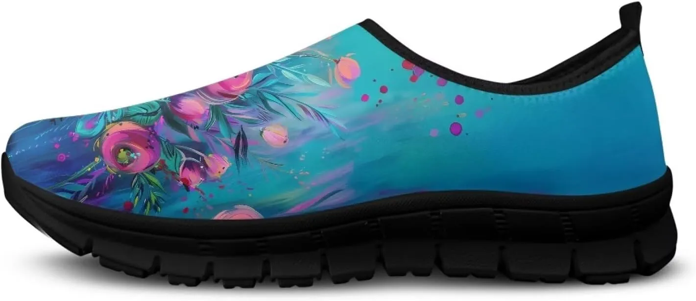 Women's Floral Print Sneaker Casual Cozy Low Top Running Shoes Lightweight Slip On Anti-Skid Workout Walking Sneaker for Teen Girls US 5.5-11.5